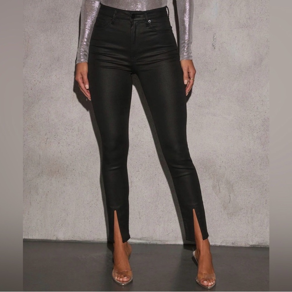 Black High-Waist Slim Leg Slit Hem Pants